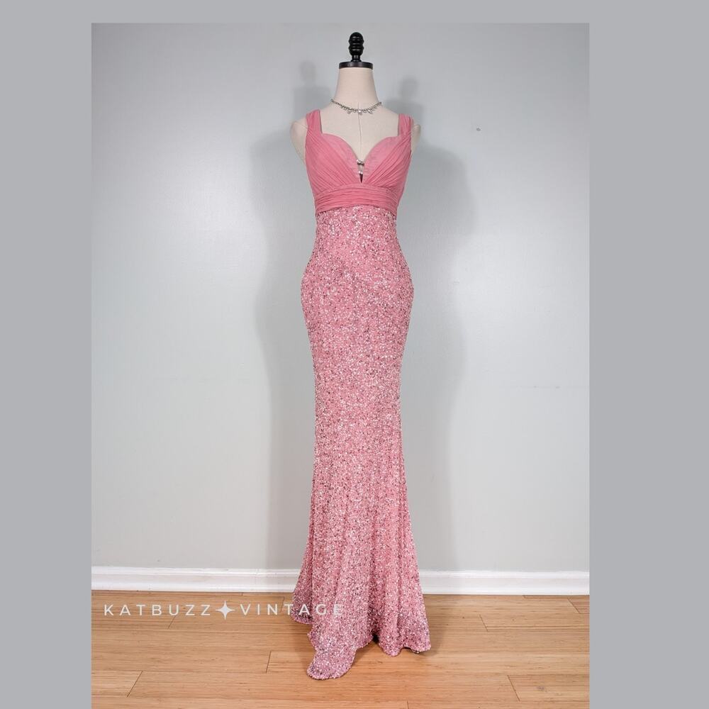 Vintage Scala Prom Dress Maxi Gown S Pink Silk Princess Y2K Glam Sequin Pageant